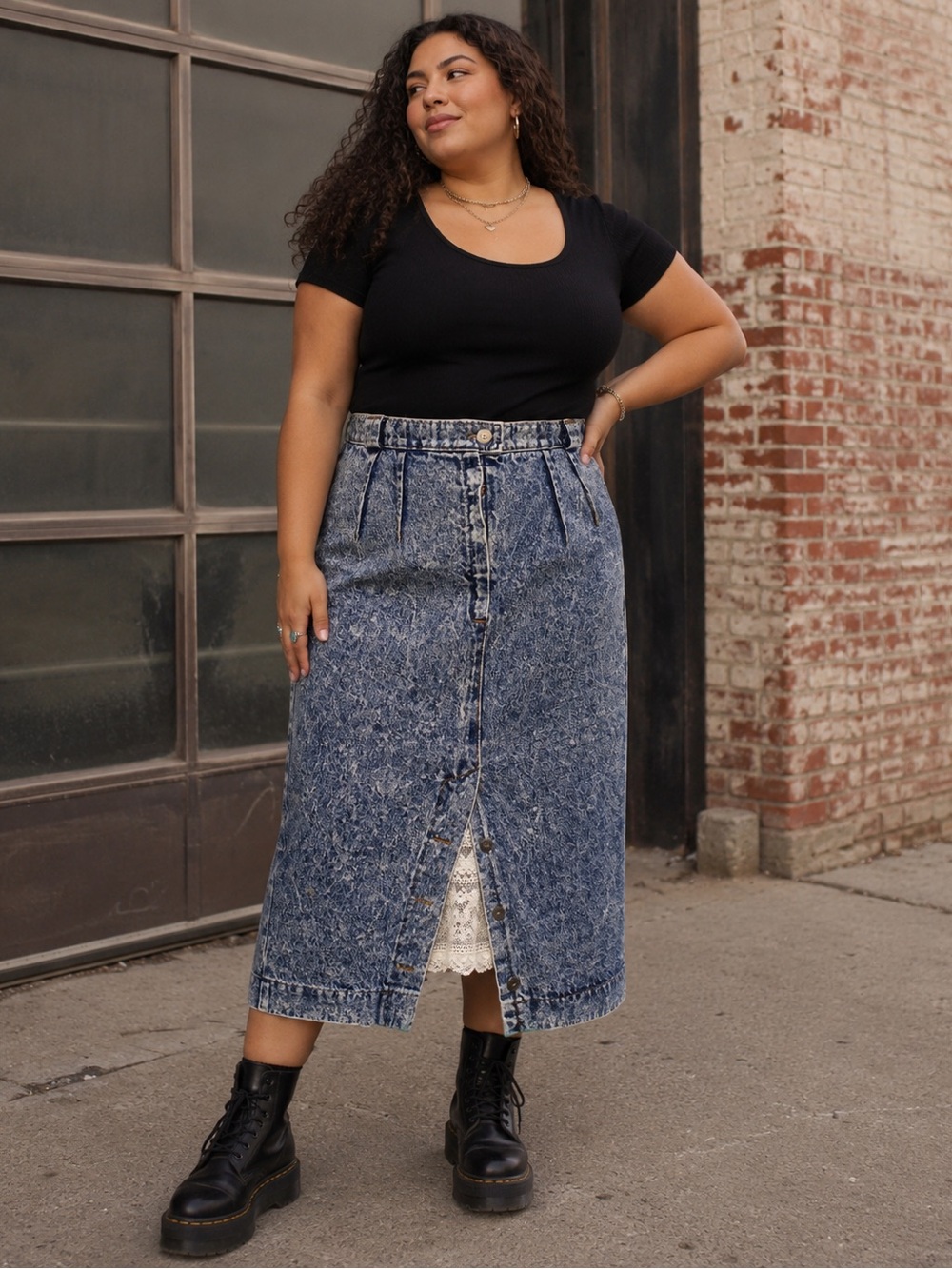 Vintage Venezia Acid Wash Denim Midi Skirt Size 18 Lace Inset Button Front